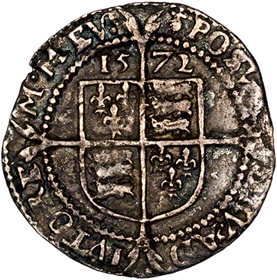 Reverse of 1572 Elizabeth I Hammered Silver Sixpence