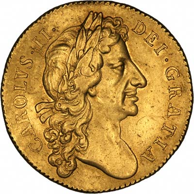 Obverse of 1677 Charles II Two Guineas