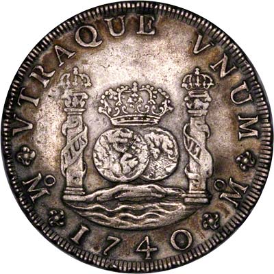 Reverse of 1740 Mexico City Mint 8 Reale Spanish Dollar