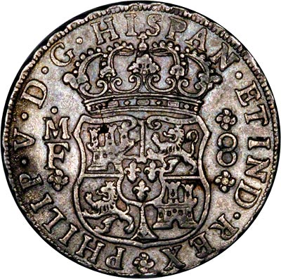 Obverse of 1742 Mexico City 8 Reale Spanish Dollar