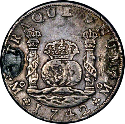 Reverse of 1742 Mexico City Mint 8 Reale Spanish Dollar