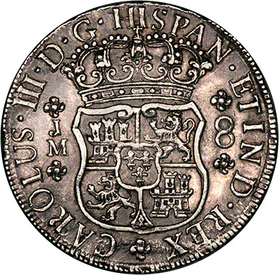 Obverse of 1767 Mexico City 8 Reale Spanish Dollar