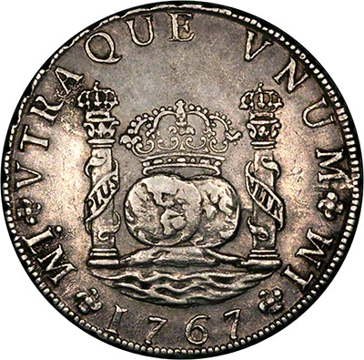 Reverse of 1767 Mexico City Mint 8 Reale Spanish Dollar