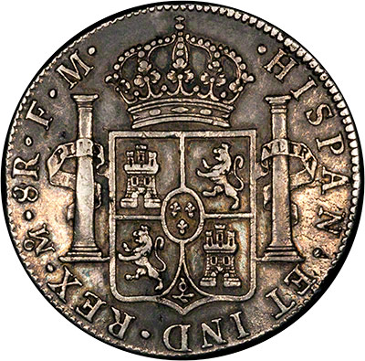 Reverse of 1776 Mexico City Mint 8 Reale Spanish Dollar