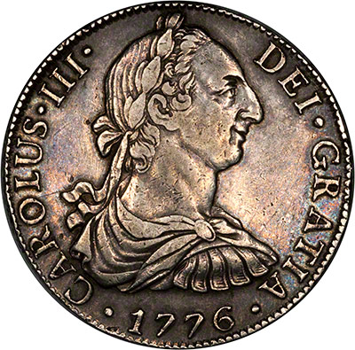 Obverse of 1776 Mexico City 8 Reale Spanish Dollar