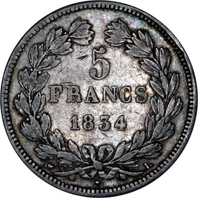 Obverse of 1834 French Silver 5 Francs