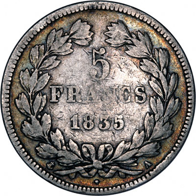 Obverse of 1835 French Silver 5 Francs