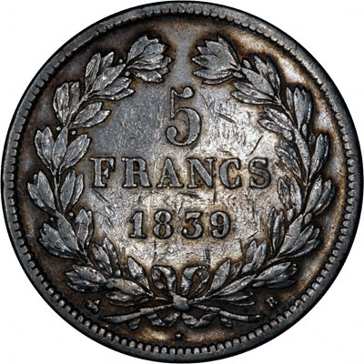 Obverse of 1839 French Silver 5 Francs