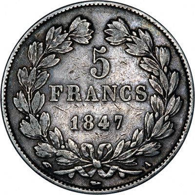 Obverse of 1847 French Silver 5 Francs