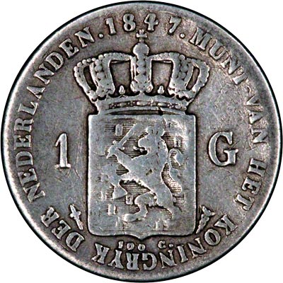 Reverse of 1847 Netherlands 1 Gulden