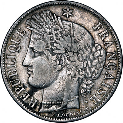 Obverse of 1849 French Silver 5 Francs