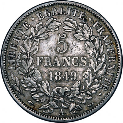 Reverse of 1849 French Silver 5 Francs