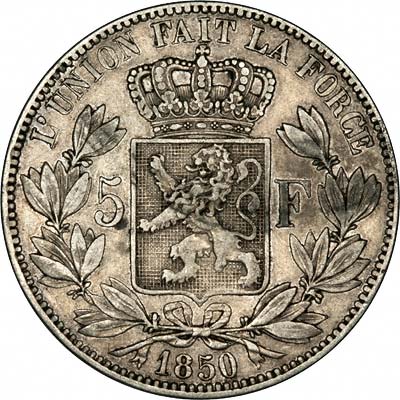 Leopold I on Obverse of 1850 Belgian Silver 5 Francs