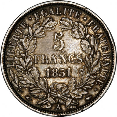 Reverse of 1851 French Silver 5 Francs