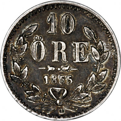 Reverse of 1855 Swedish 10 Ore