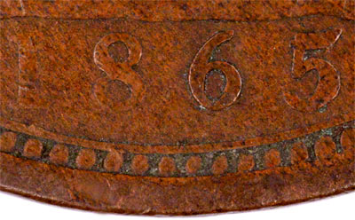 Reverse of 1865/3 Penny Closeup