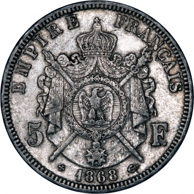 Obverse of 1868 French Silver 5 Francs