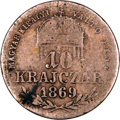 Reverse of 1869 Hungary 10 Krajczar