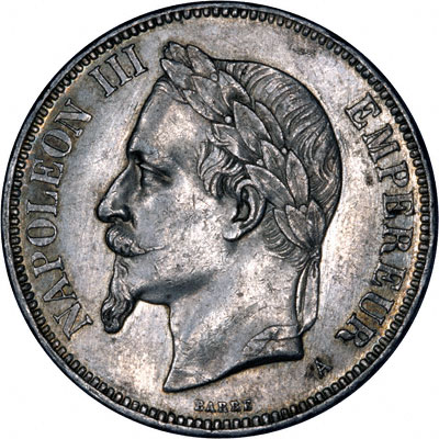 Obverse of 1870 French Silver 5 Francs