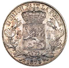 1873 Belgium 5 Franc Coin