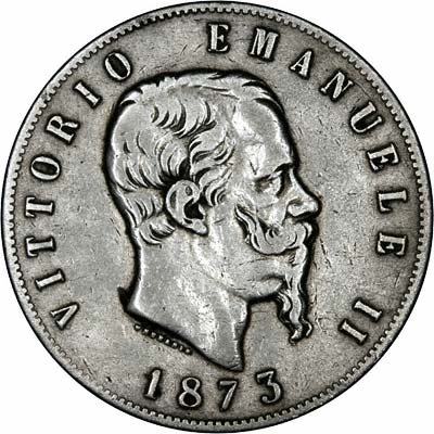 Obverse of 1873 Italian 5 Lira