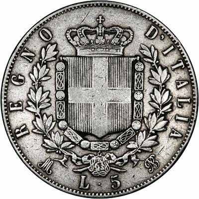 Reverse of 1873 Italian 5 Lira
