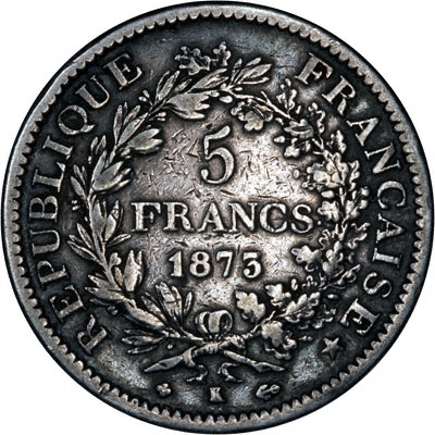 Obverse of 1873 French Silver 5 Francs