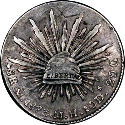 Reverse of 1873 Mexico City Mint 8 Reale Spanish Dollar