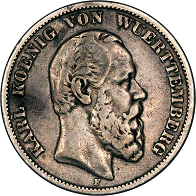 Obverse of 1876 Wuerttemberg Five Marks