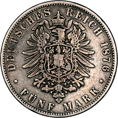 Reverse of 1876 Wuerttemberg Five Marks