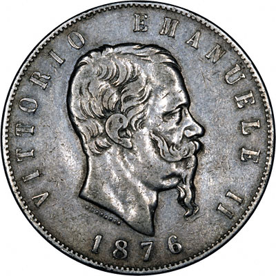 Obverse of 1876 Italian 5 Lira