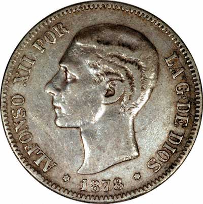 Alfonso XII on Obverse of Spanish Silver 5 Pesetas of 1878