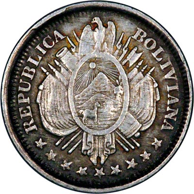 Obverse of 1887 Bolivian 20 Cents