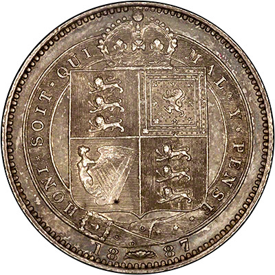 Reverse of 1887 Shilling with the text Honi Soit Qui Mal Y Pense
