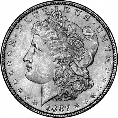 Obverse of 1887 American Morgan Type Silver Dollar