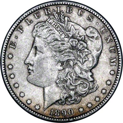 Obverse of 1890 American Morgan Type Silver Dollar