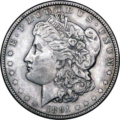 Obverse of 1891 American Morgan Type Silver Dollar
