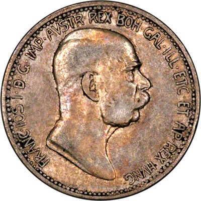 Obverse of 1908 Austrian Silver 1 Corona