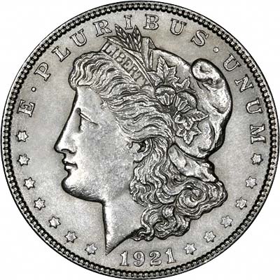 Obverse of 1921 American Morgan Type Silver Dollar