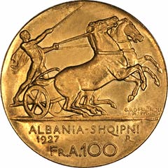 Reverse of 1927 Albanian Gold 100 Franga Ari