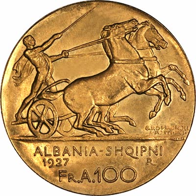Reverse of 1927 Albanian 100 Franga Ari