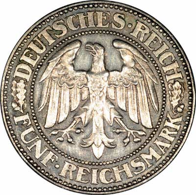 Obverse of German Weimar Republic 1929 Silver 5 Reichsmark