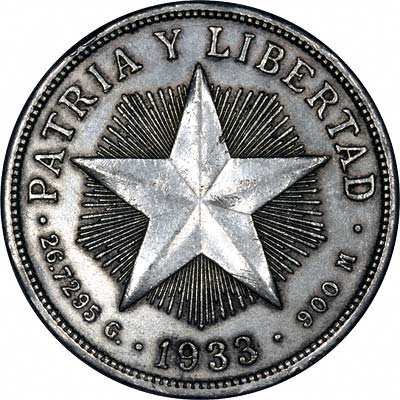 Obverse of 1933 Cuban Silver Peso
