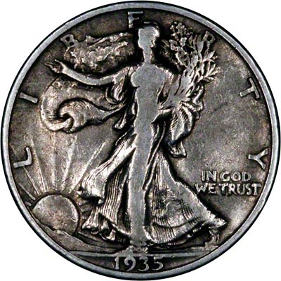 Obverse of 1935 US Walking Liberty Half Dollar