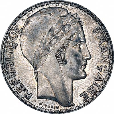 Obverse of 1938 French Silver 20 Francs