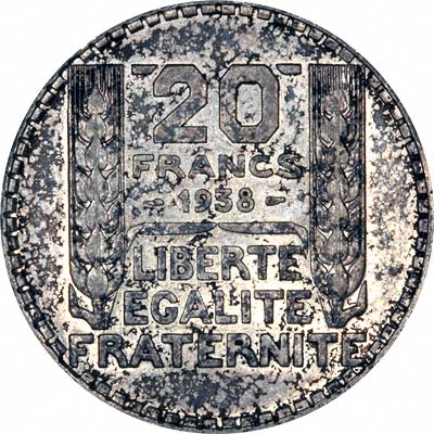 Reverse of 1938 French Silver 20 Francs