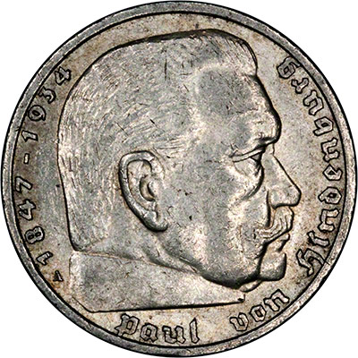 Obverse of 1939 Nazi Germany 5 Reichmarks