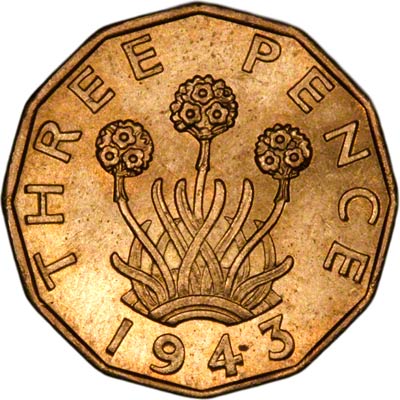 Reverse of 1943 Brass Threepence