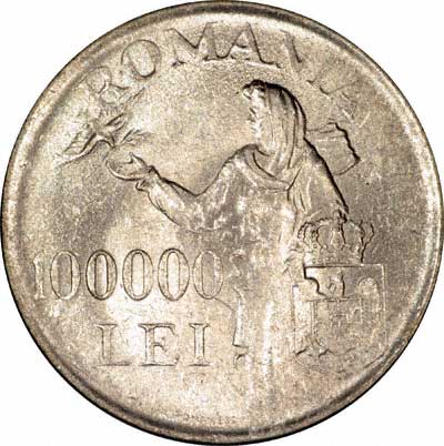 Reverse of 1946 Romanian Silver 100,000 Lei Coin