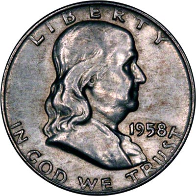 Obverse of 1958 US Franklin Half Dollar